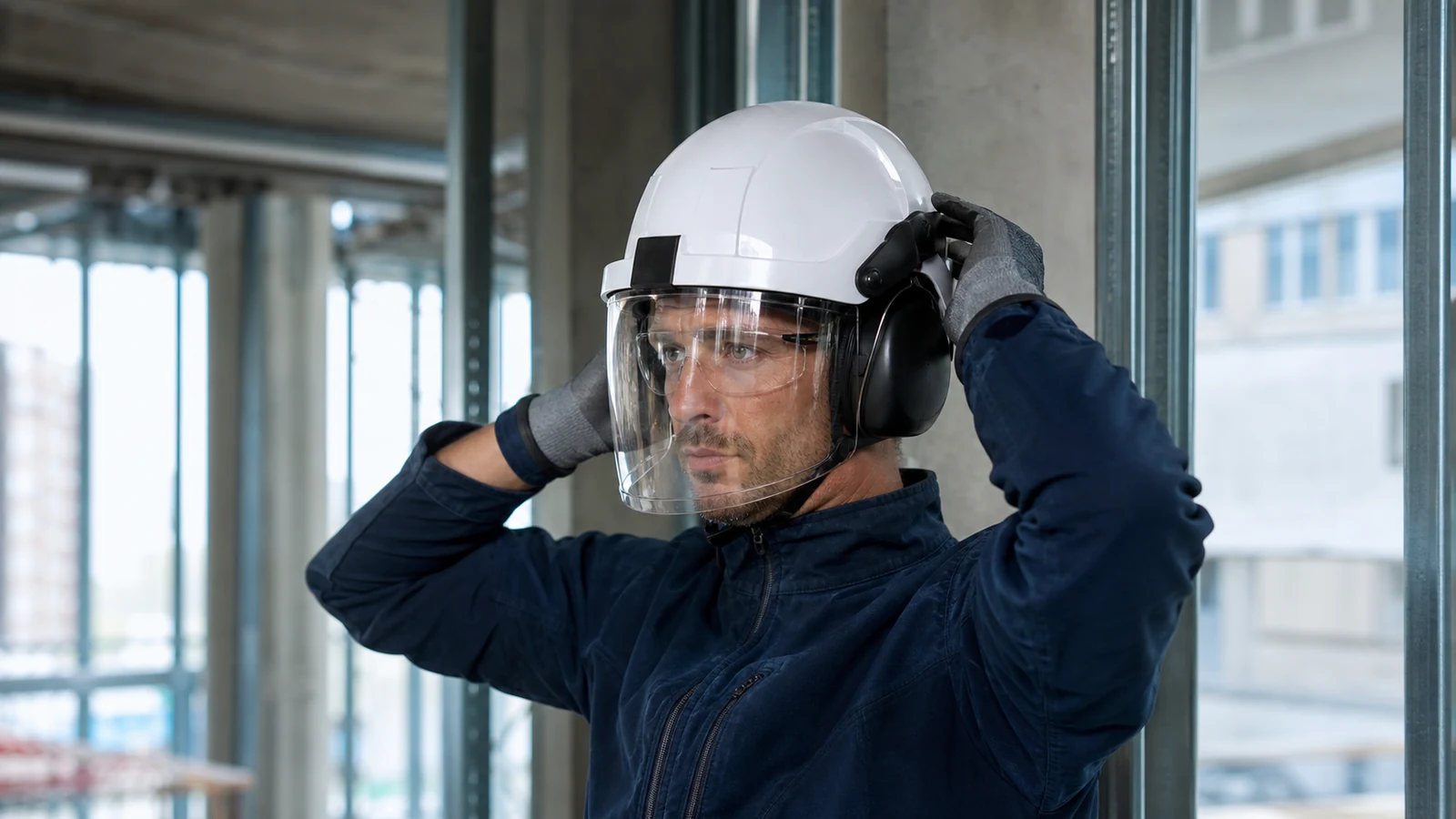 Mise en situation éditoriale d'un casque de chantier avec visière dans son contexte d'usage professionnel