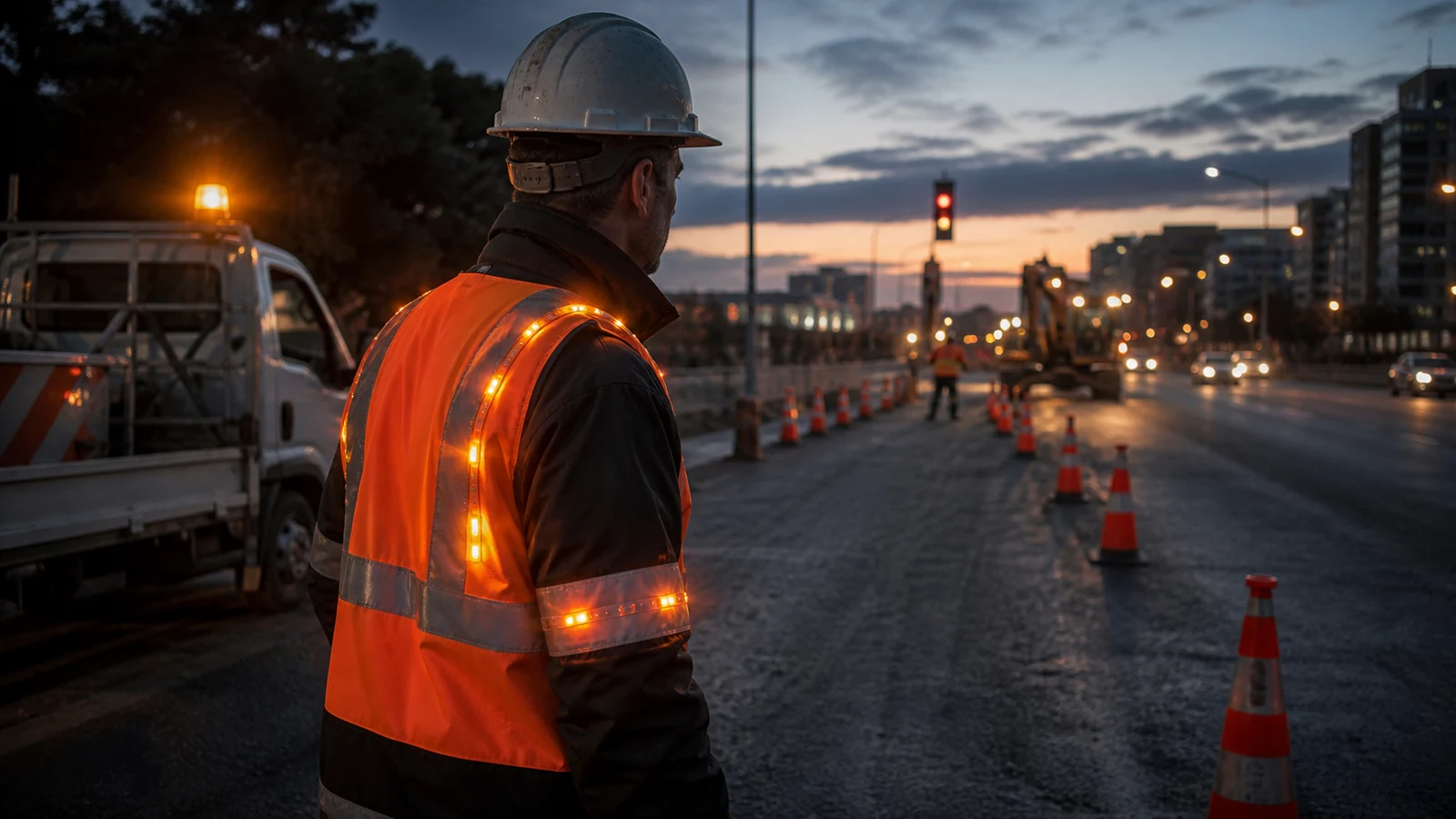 Mise en situation éditoriale d'un gilet haute visibilité led dans son contexte d'usage professionnel
