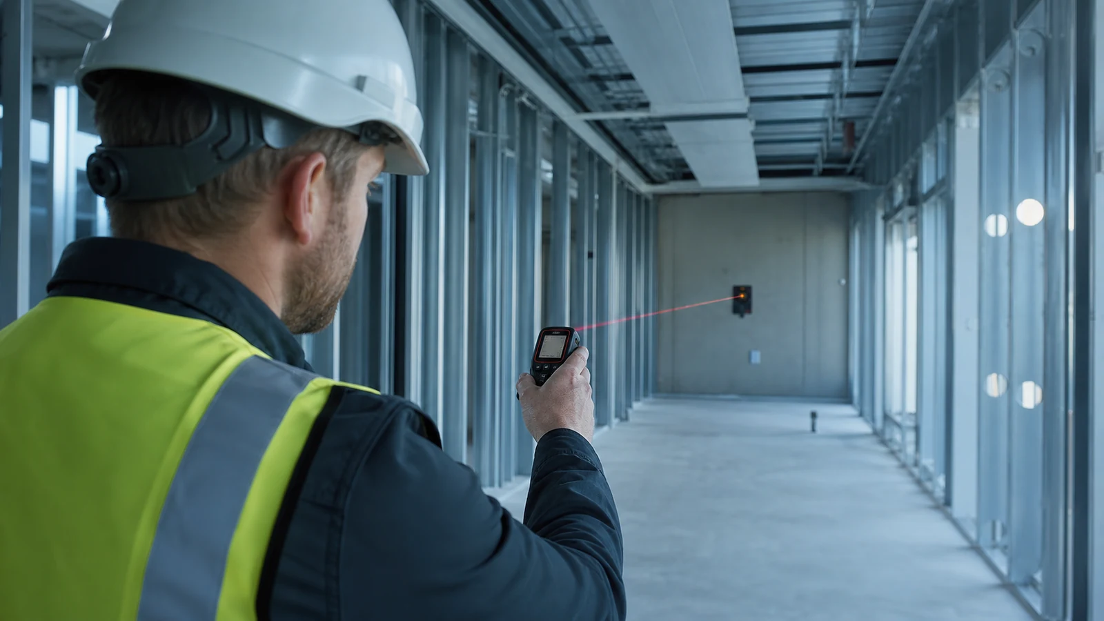 Mise en situation éditoriale d'un télémètre laser de chantier dans son contexte d'usage professionnel