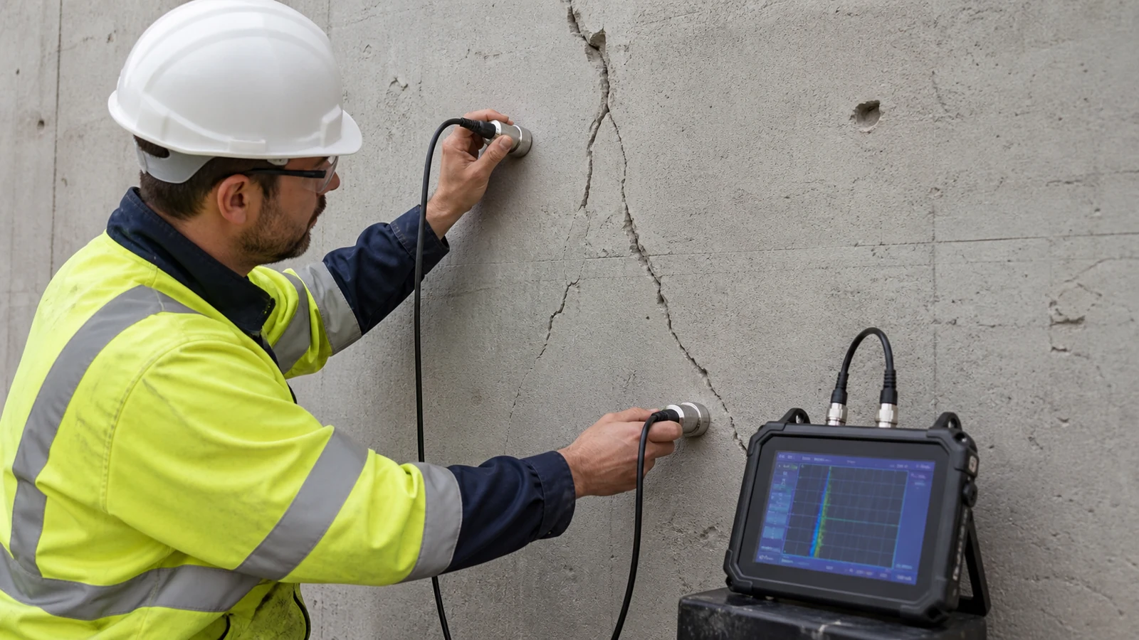 Mise en situation éditoriale d'un scanner de fissures murales dans son contexte d'usage professionnel