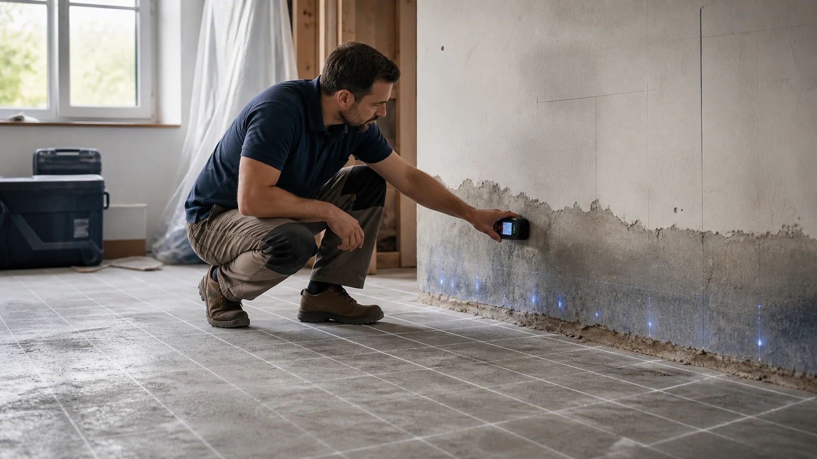 Mise en situation éditoriale d'un humidimètre de matériaux sur chantier dans son contexte d'usage professionnel