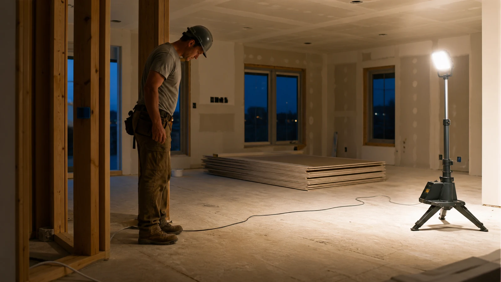 Mise en situation éditoriale d'un lampe de chantier autonome dans son contexte d'usage professionnel