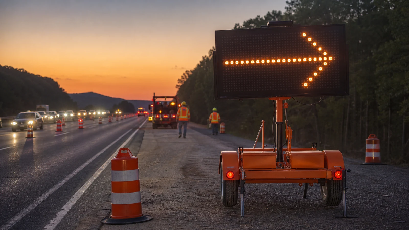 Mise en situation éditoriale d'un panneau de signalisation led de chantier dans son contexte d'usage professionnel