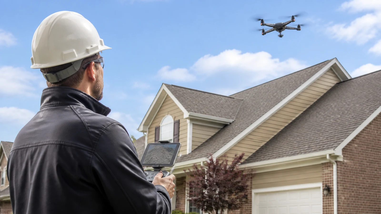 Mise en situation éditoriale d'un drone d’inspection de toiture dans son contexte d'usage professionnel