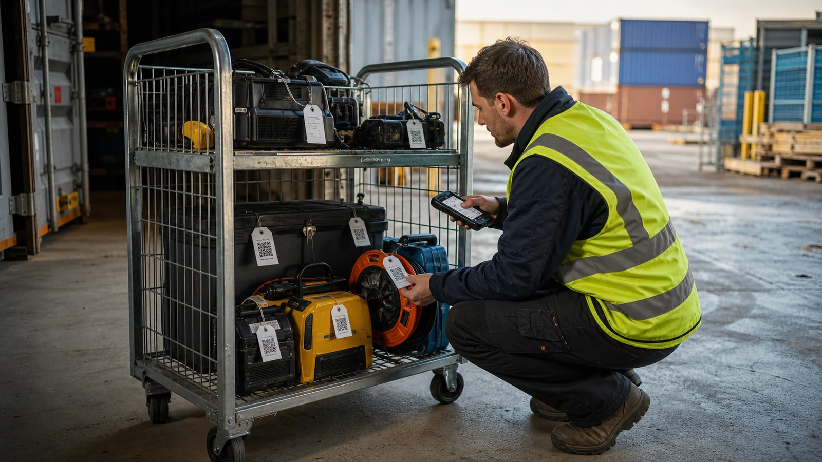 Mise en situation éditoriale d'un chariot de matériel avec suivi qr dans son contexte d'usage professionnel