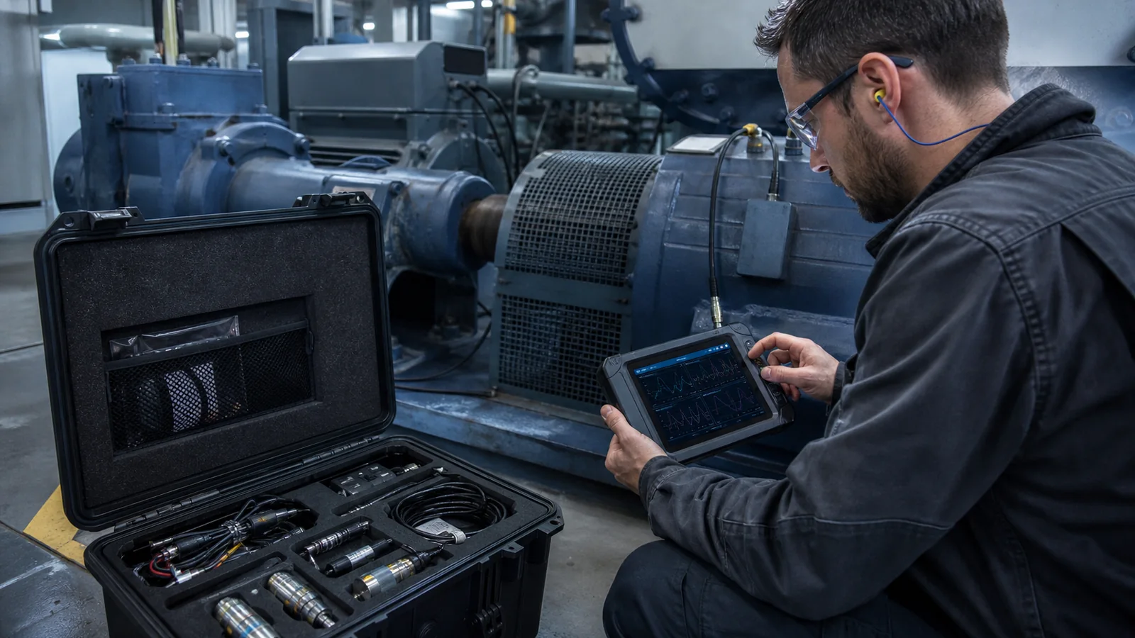Mise en situation éditoriale d'un valise de diagnostic machine dans son contexte d'usage professionnel