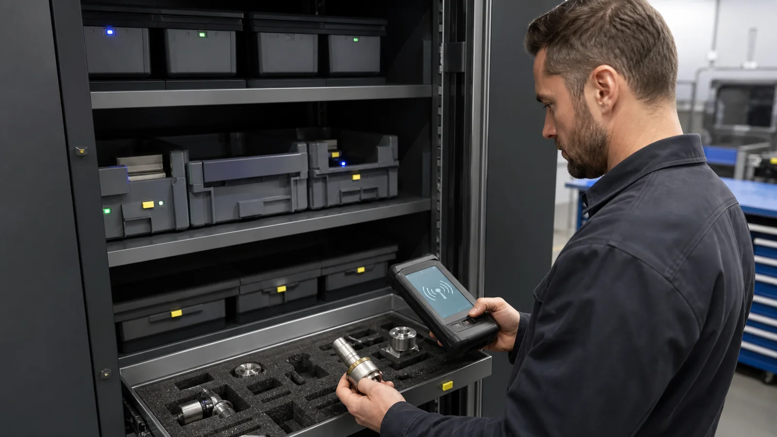 Mise en situation éditoriale d'un boîte de pièces critiques rfid dans son contexte d'usage professionnel
