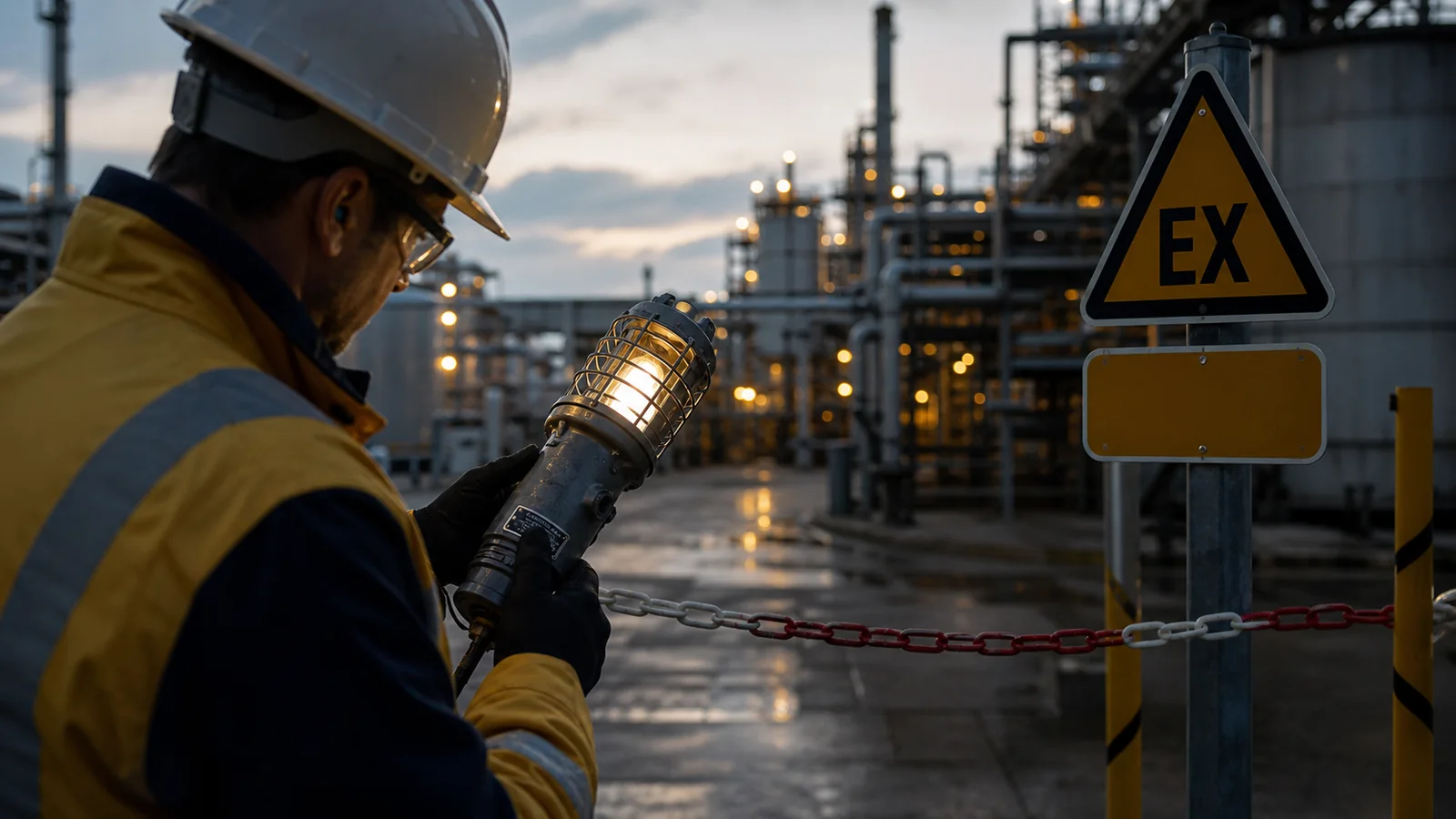 Mise en situation éditoriale d'un lampe atex certifiée dans son contexte d'usage professionnel
