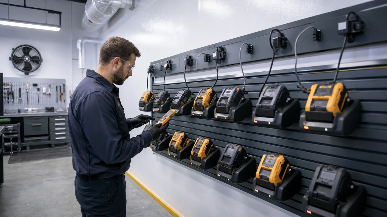Mise en situation éditoriale d'un station de charge d'outils industriels dans son contexte d'usage professionnel