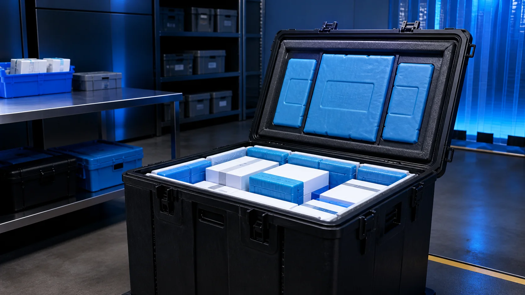 Mise en situation éditoriale d'un caisse isotherme de transport dans son contexte d'usage professionnel