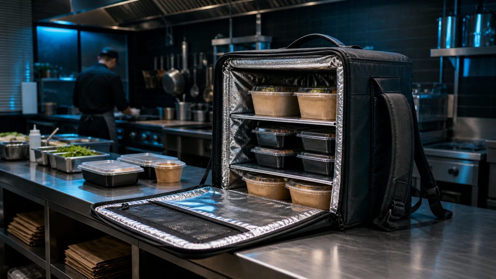 Mise en situation éditoriale d'un sac de livraison isolé dans son contexte d'usage professionnel