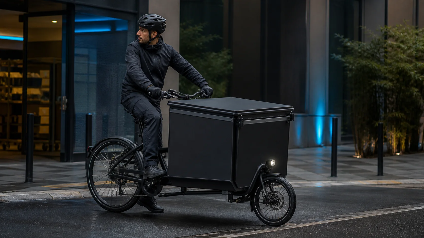 Mise en situation éditoriale d'un coffre de vélo livreur dans son contexte d'usage professionnel