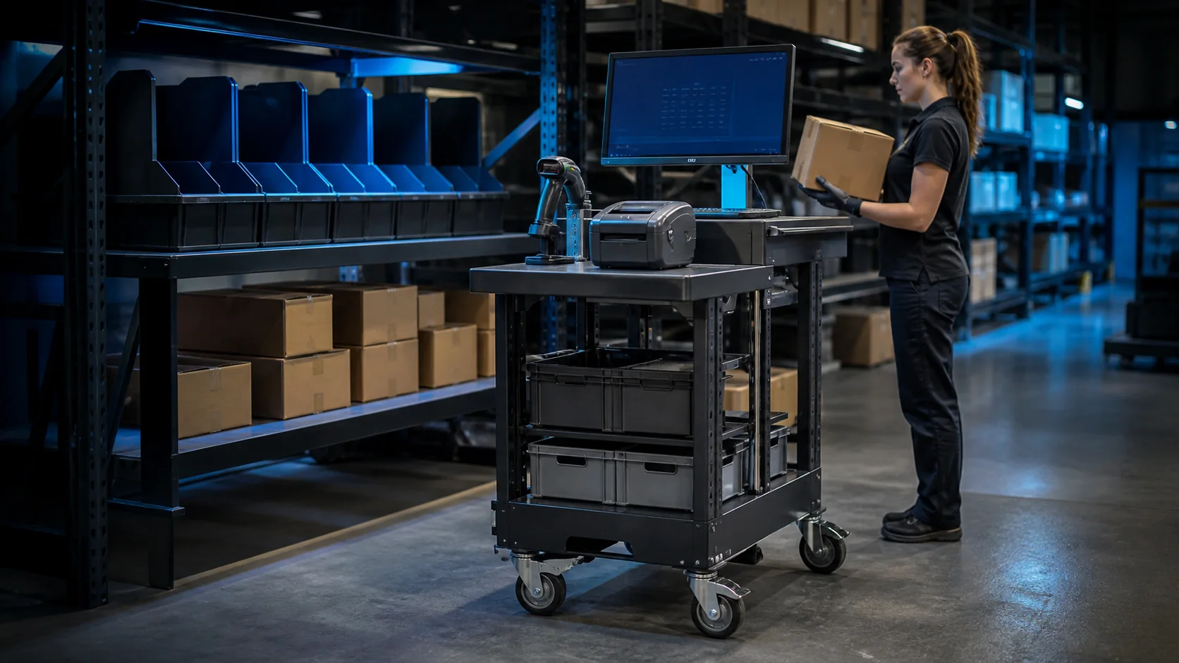Mise en situation éditoriale d'un chariot d'entrepôt avec scan dans son contexte d'usage professionnel