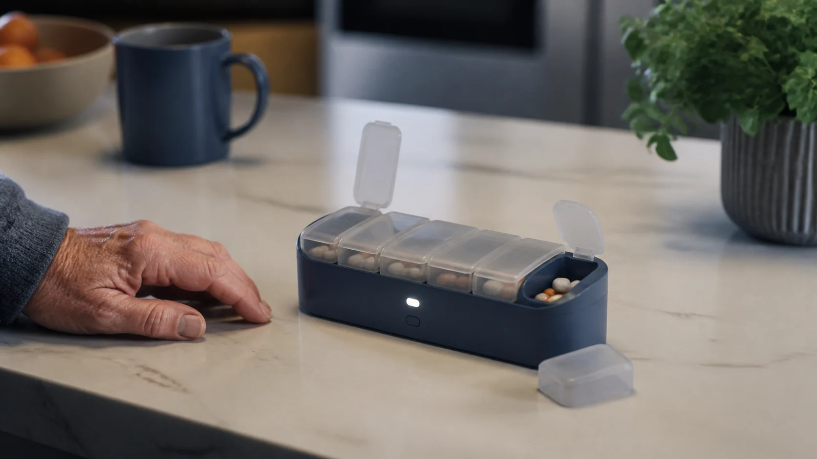 Personne âgée utilisant un pilulier connecté générique avec le soutien discret d'un proche