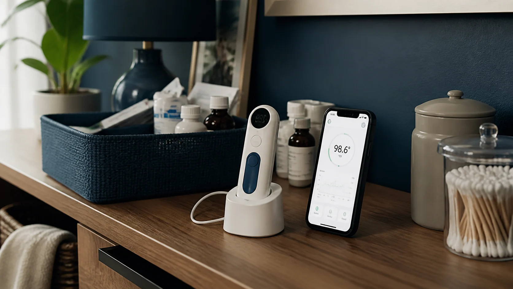 Mise en situation éditoriale d'un thermomètre santé connecté dans son contexte d'usage professionnel