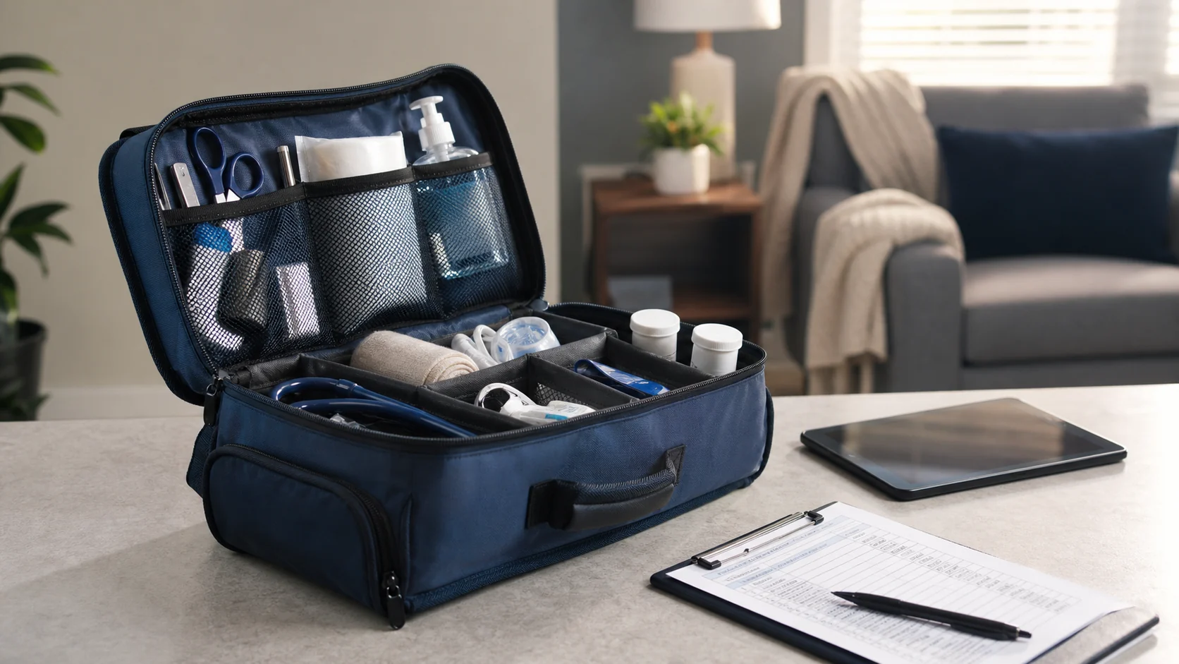 Mise en situation éditoriale d'un sac infirmier organisé dans son contexte d'usage professionnel