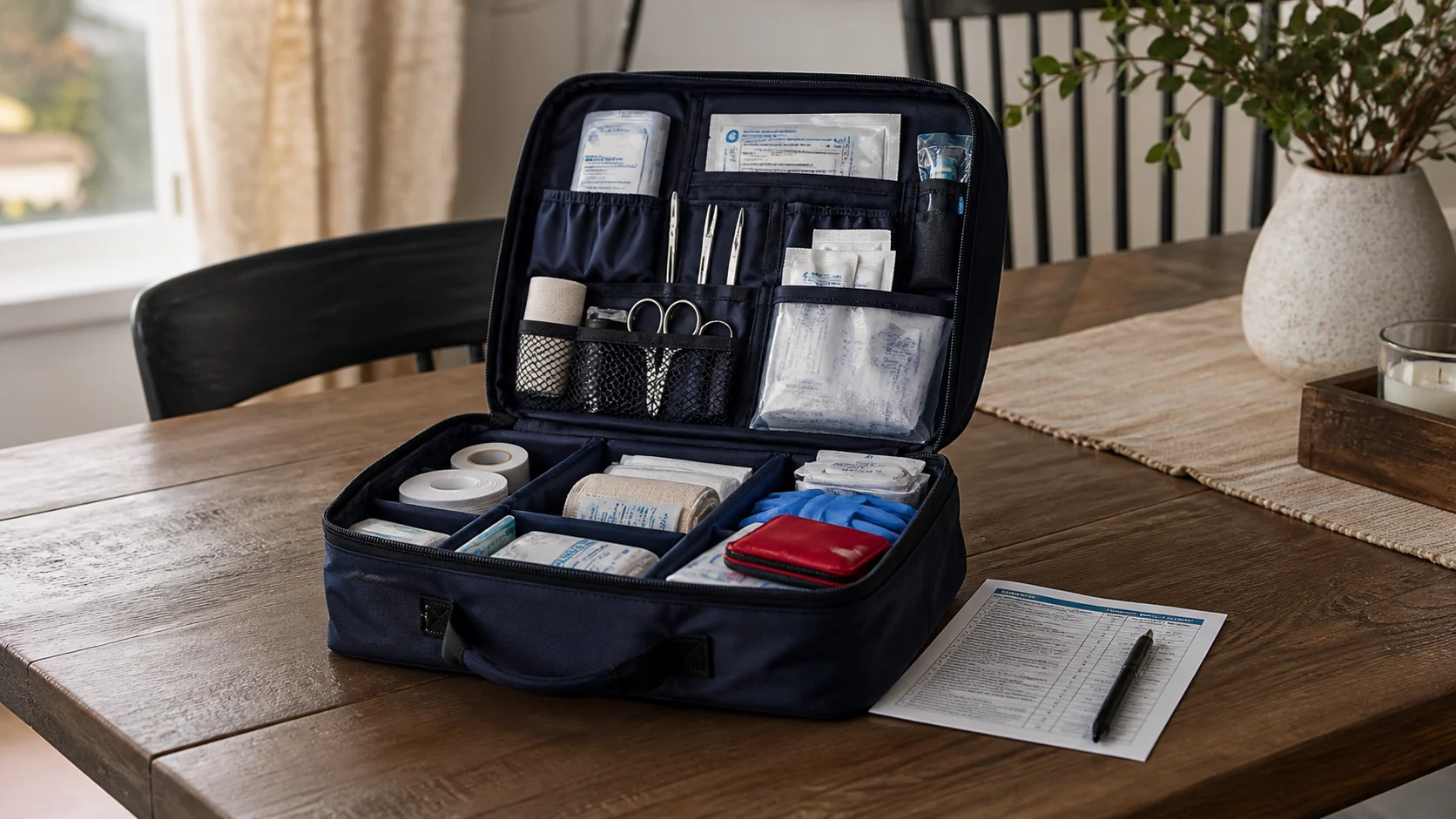 Mise en situation éditoriale d'un trousse de premiers soins familiale dans son contexte d'usage professionnel