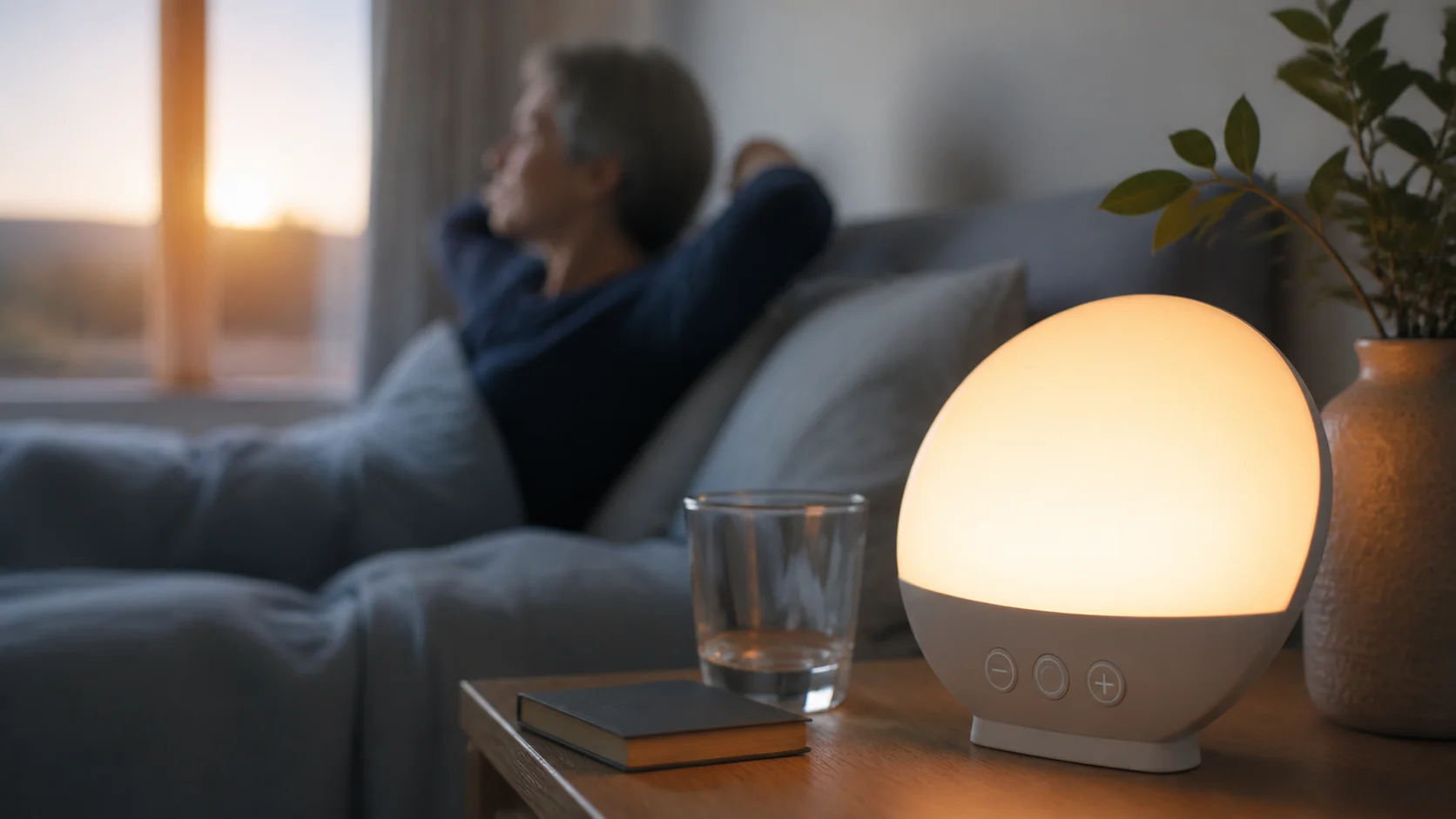 Mise en situation éditoriale d'un lampe réveil senior dans son contexte d'usage professionnel