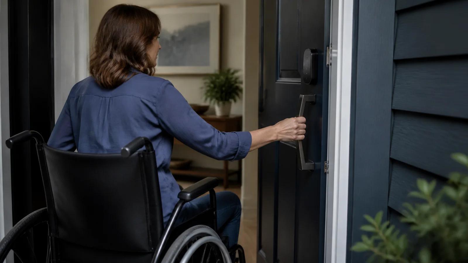 Mise en situation éditoriale d'un poignée intelligente de porte dans son contexte d'usage professionnel