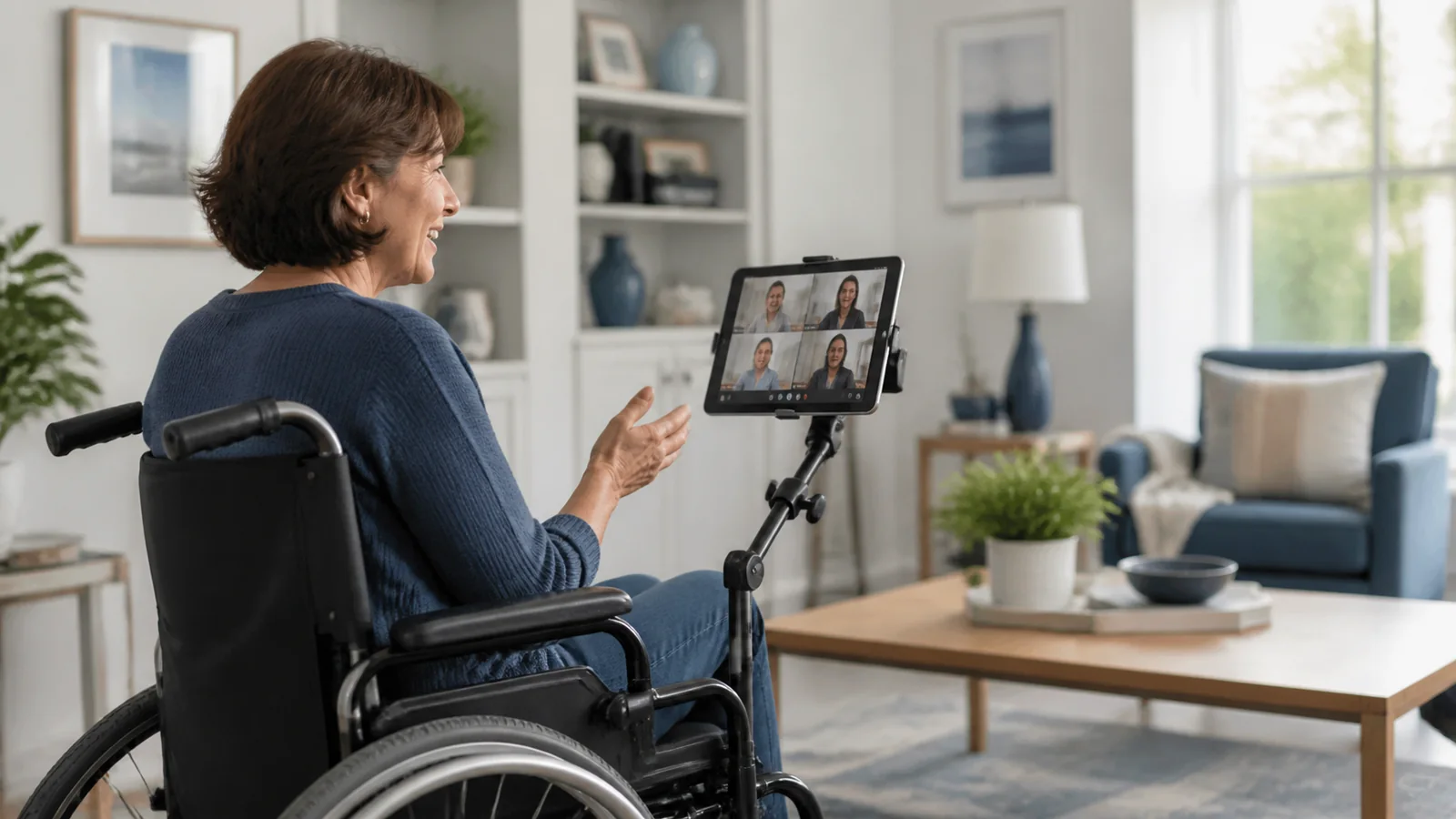 Mise en situation éditoriale d'un support de tablette pour fauteuil dans son contexte d'usage professionnel