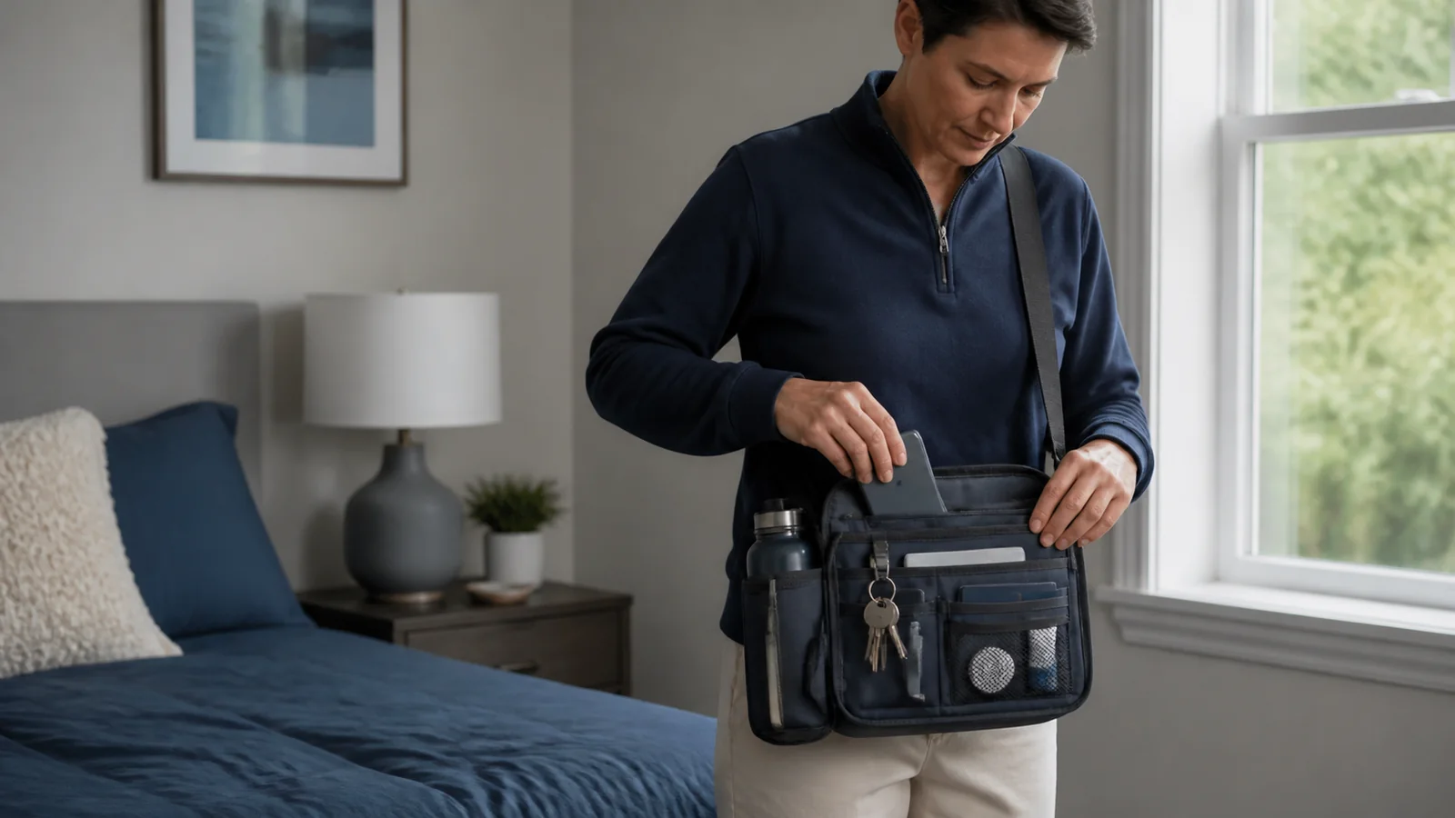 Mise en situation éditoriale d'un sac d’autonomie compartimenté dans son contexte d'usage professionnel