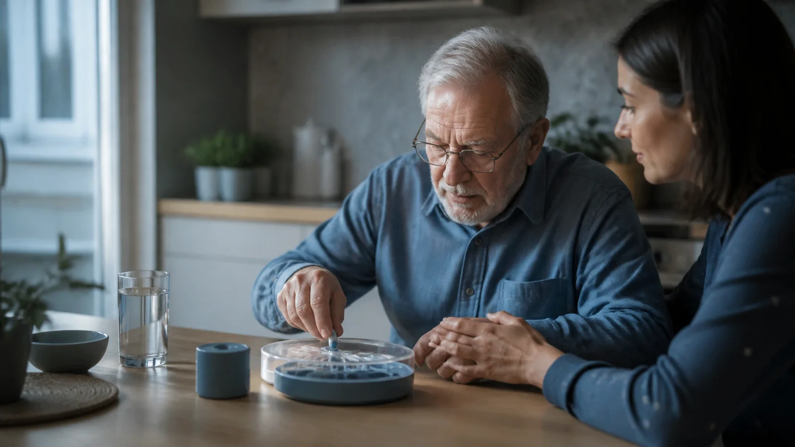Mise en situation éditoriale d'un pilulier avec alerte dans son contexte d'usage professionnel