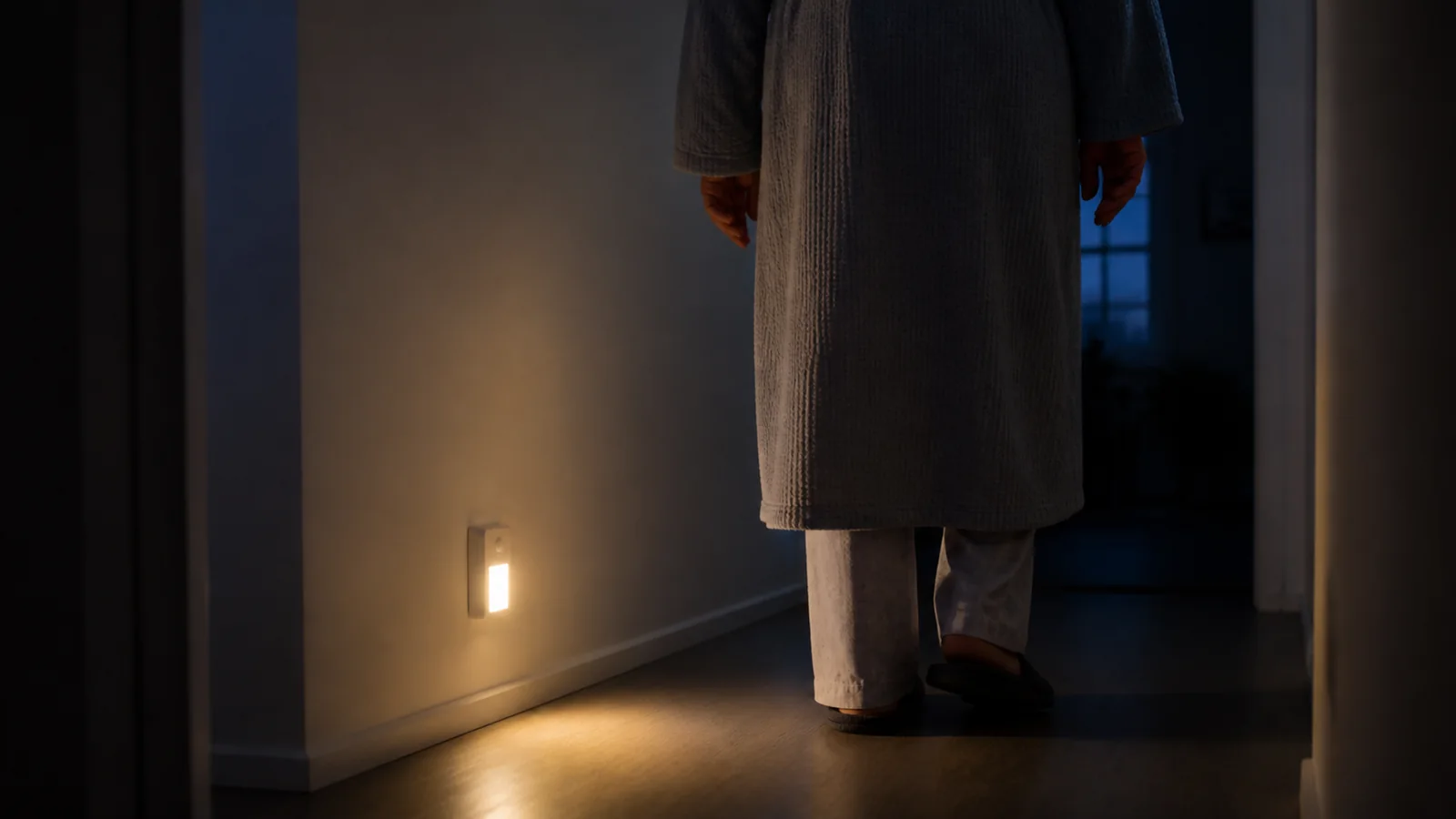 Mise en situation éditoriale d'un lampe de nuit à détecteur de mouvement dans son contexte d'usage professionnel