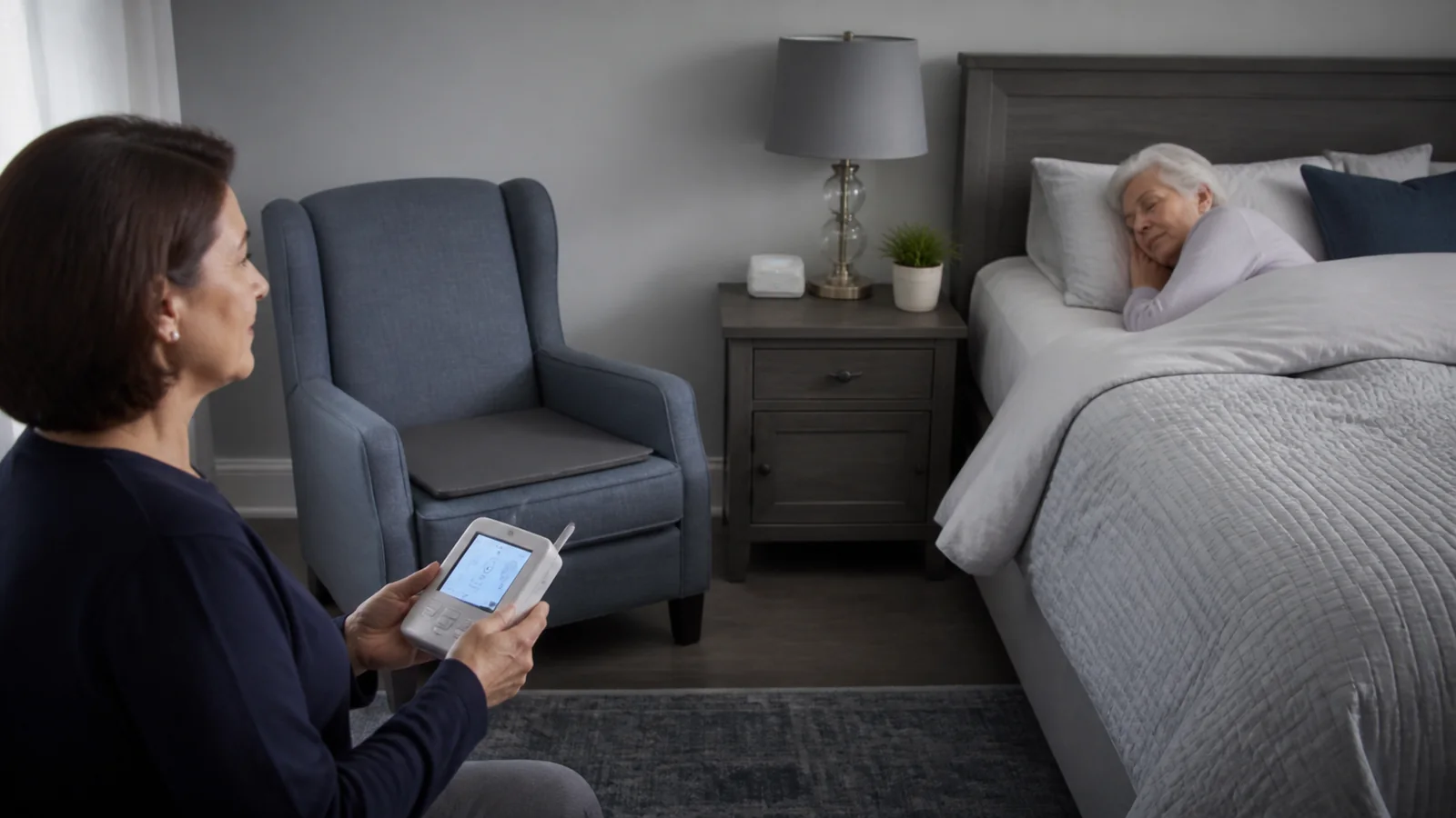 Mise en situation éditoriale d'un capteur de lit ou de fauteuil dans son contexte d'usage professionnel