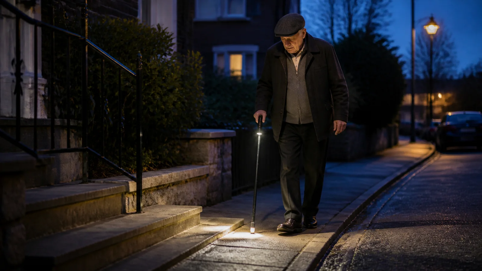Mise en situation éditoriale d'un canne à repère lumineux dans son contexte d'usage professionnel