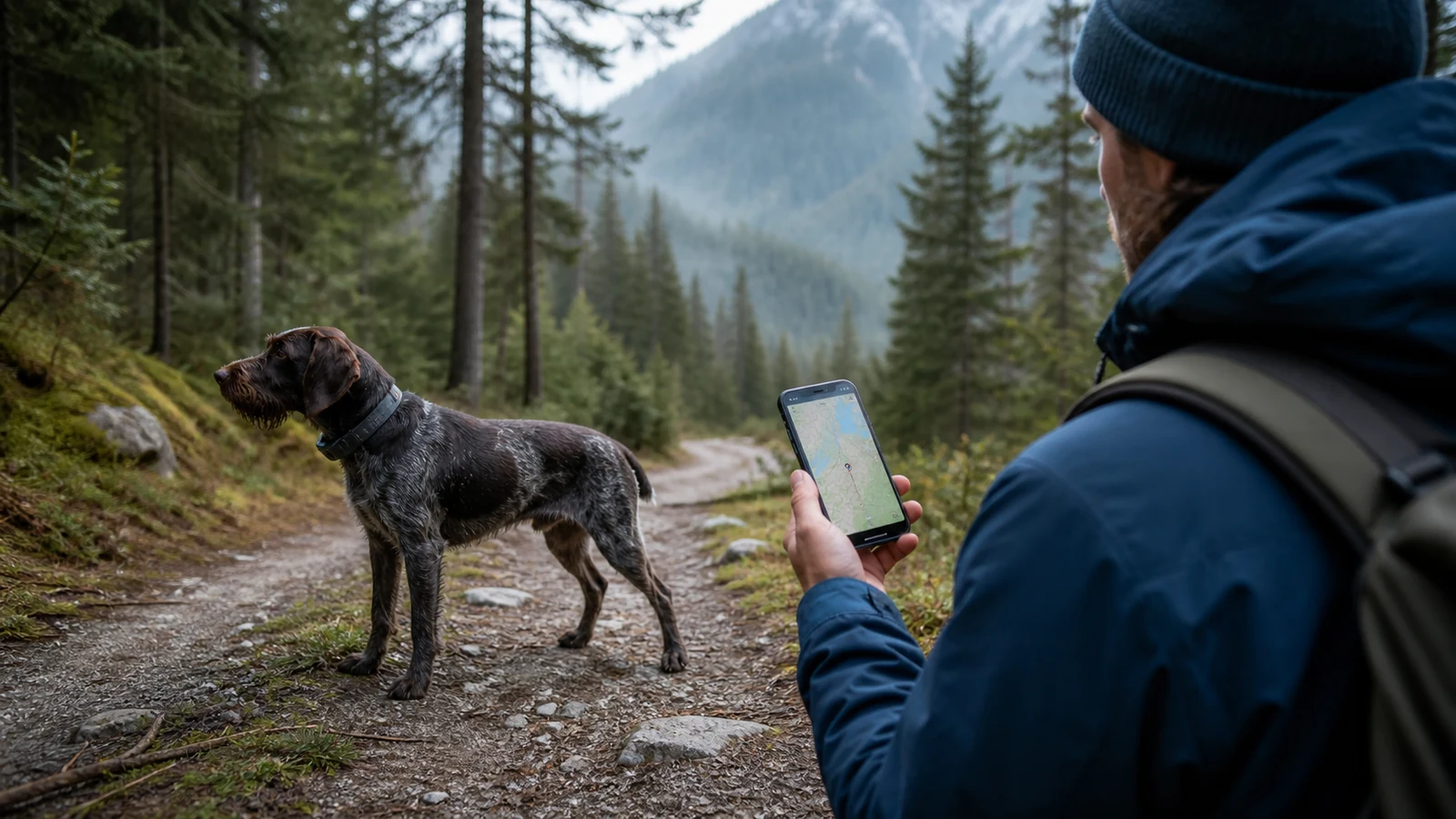 Mise en situation éditoriale d'un collier gps pour chien dans son contexte d'usage professionnel