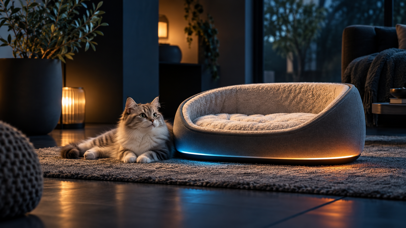 Visuel éditorial de contexte pour Couchage thermo-régulé connecté pour animal; il ne représente pas exactement Tesla Smart Pet Sofa PS300.