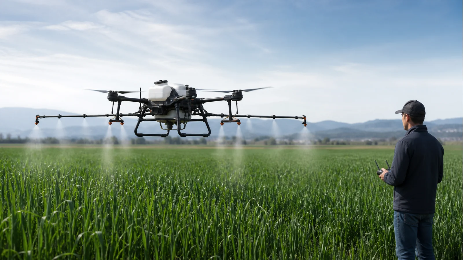 Mise en situation éditoriale d'un drone de pulvérisation agricole dans son contexte d'usage professionnel