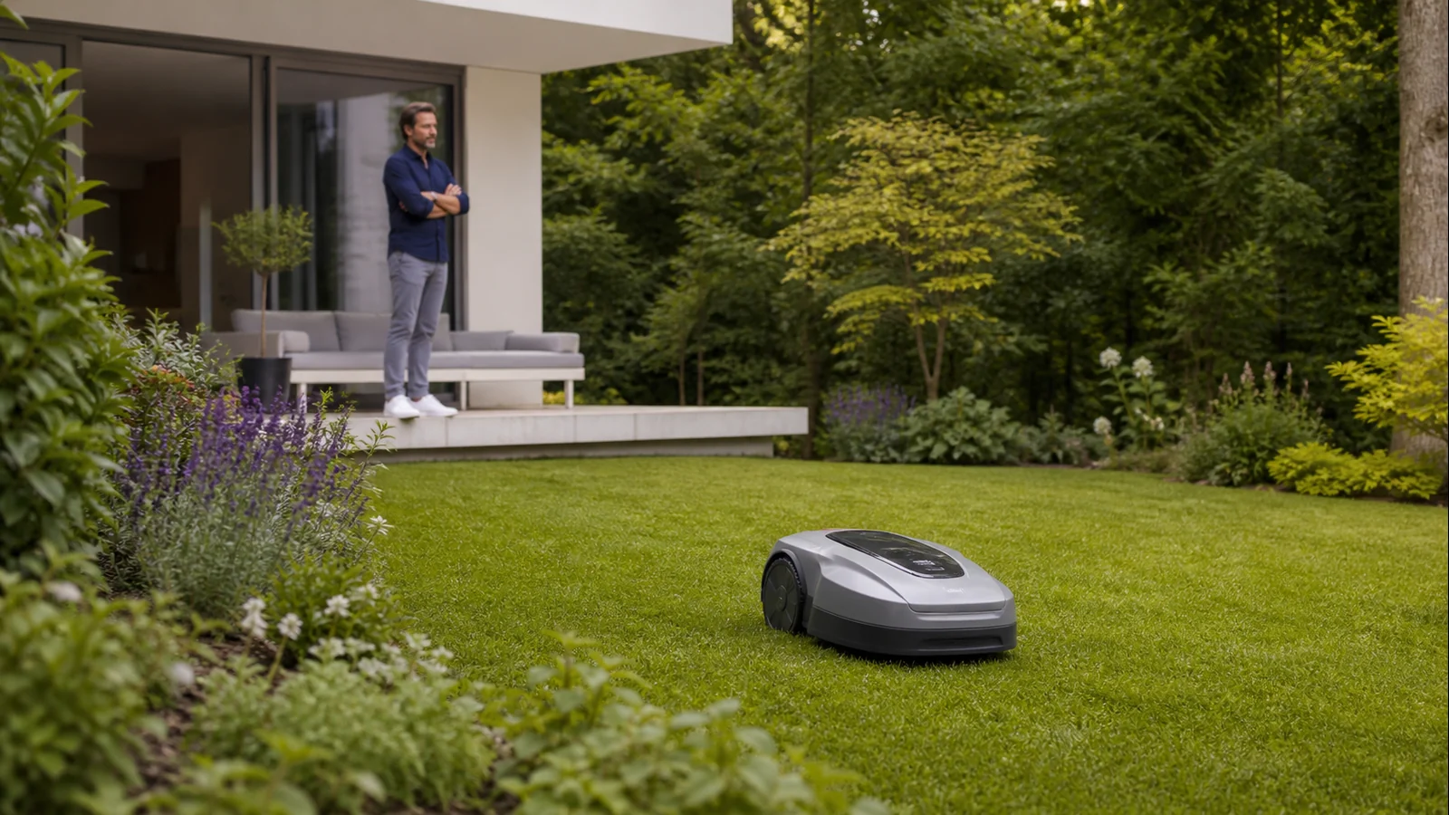 Mise en situation éditoriale d'un tondeuse robot sans câble dans son contexte d'usage professionnel