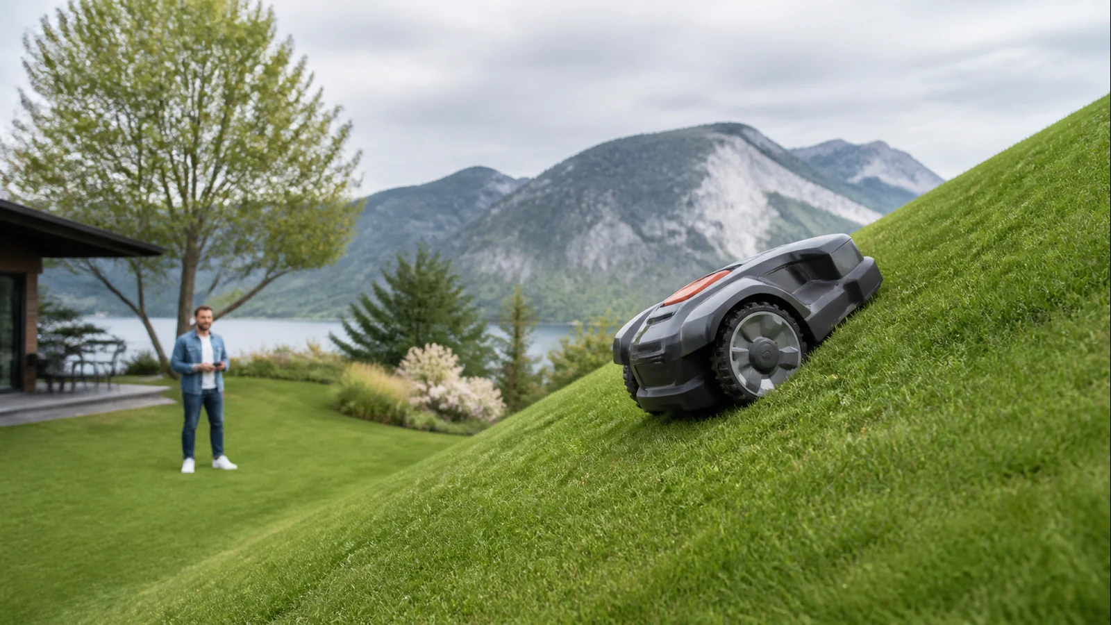 Mise en situation éditoriale d'un tondeuse robot pour terrain en pente dans son contexte d'usage professionnel