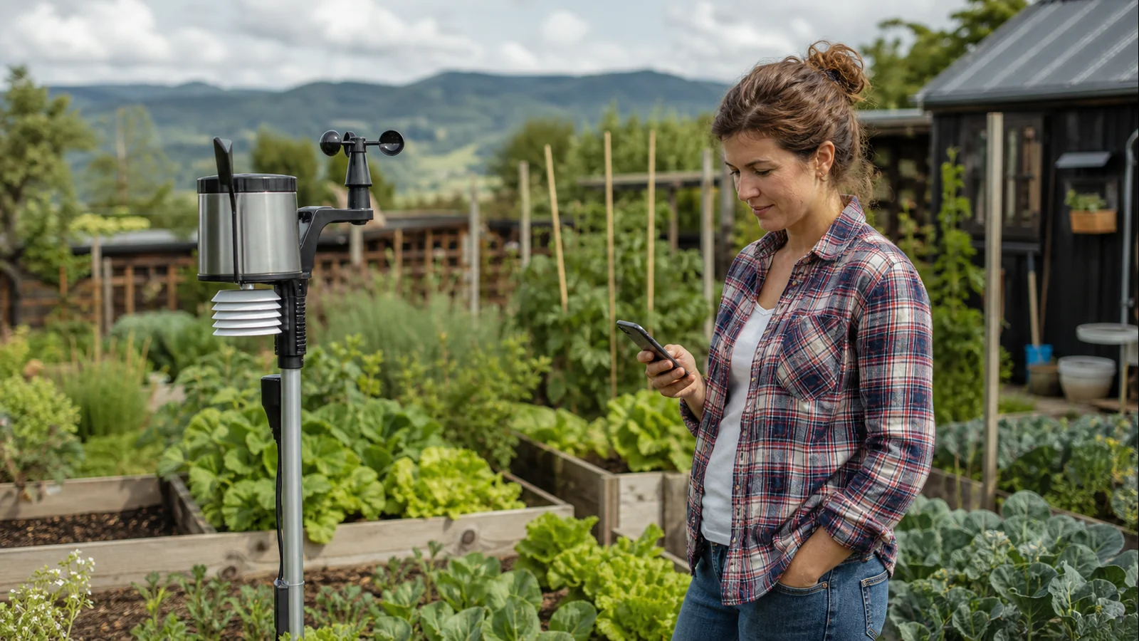 Mise en situation éditoriale d'un station météo de jardin dans son contexte d'usage professionnel