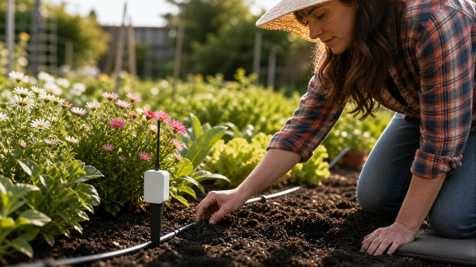 Mise en situation éditoriale d'un capteur d'humidité de jardin dans son contexte d'usage professionnel