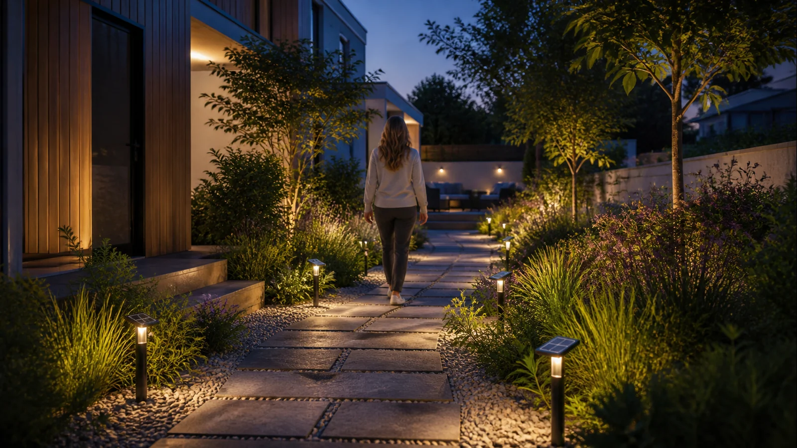 Mise en situation éditoriale d'un éclairage solaire de jardin dans son contexte d'usage professionnel