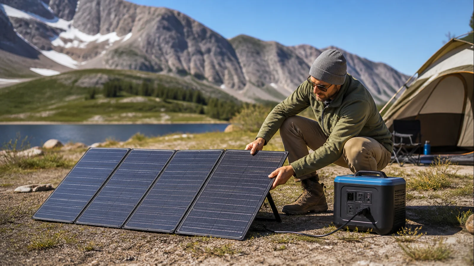 Mise en situation éditoriale d'un panneau solaire pliable dans son contexte d'usage professionnel