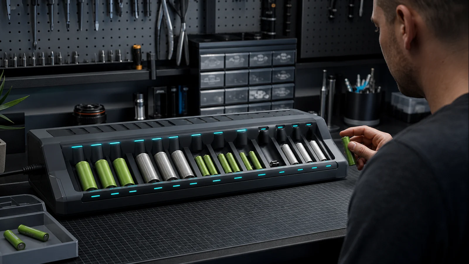 Mise en situation éditoriale d'un chargeur multi-batteries dans son contexte d'usage professionnel