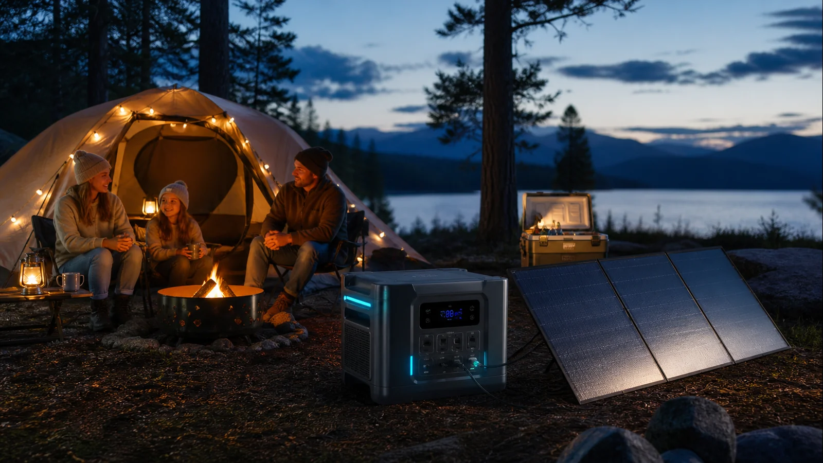 Mise en situation éditoriale d'un générateur solaire de camping dans son contexte d'usage professionnel