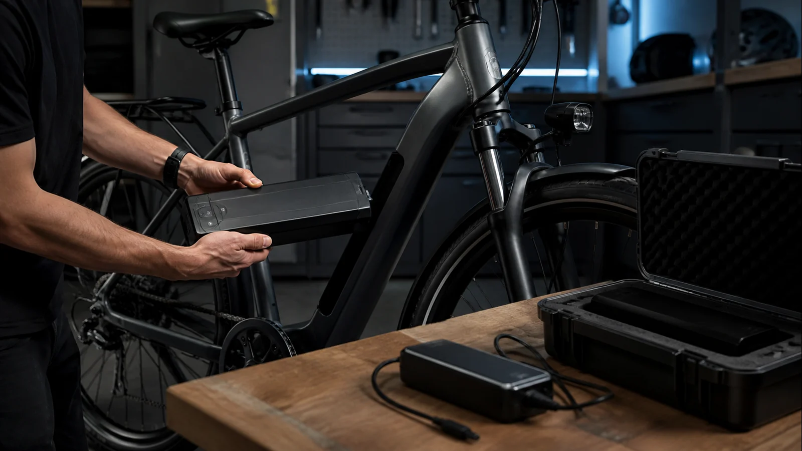 Mise en situation éditoriale d'un batterie de vélo de secours officielle dans son contexte d'usage professionnel