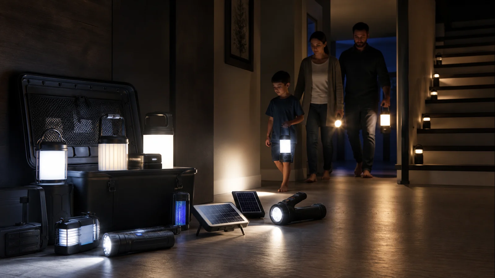 Mise en situation éditoriale d'un kit d'éclairage de secours maison dans son contexte d'usage professionnel