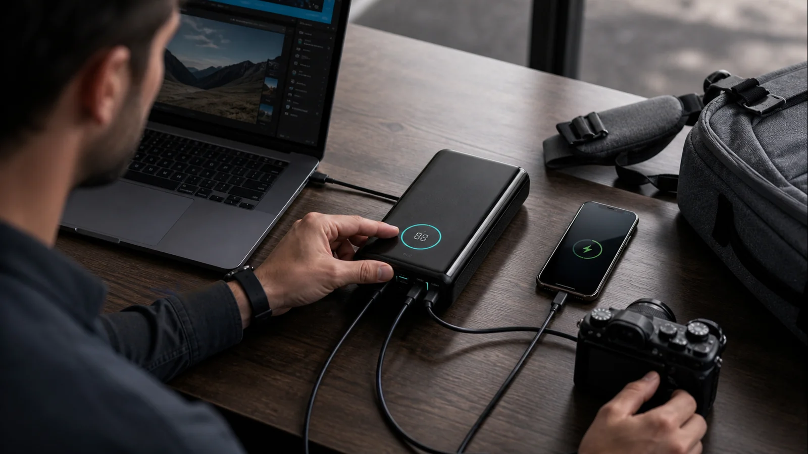 Mise en situation éditoriale d'un powerbank usb-c haute capacité dans son contexte d'usage professionnel