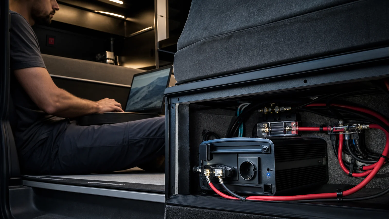 Mise en situation éditoriale d'un convertisseur 12 v / 230 v dans son contexte d'usage professionnel
