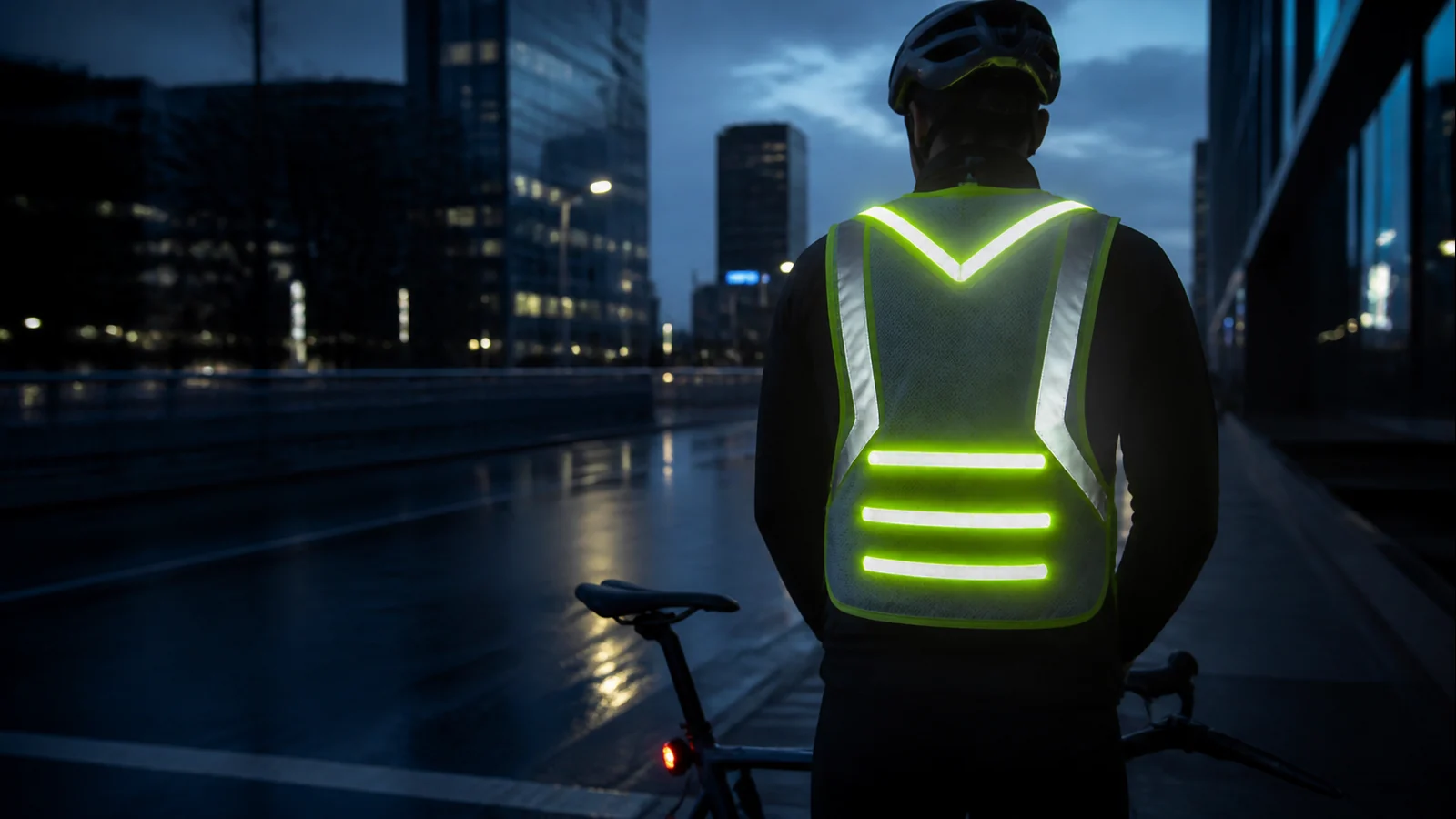 Mise en situation éditoriale d'un gilet led vélo dans son contexte d'usage professionnel