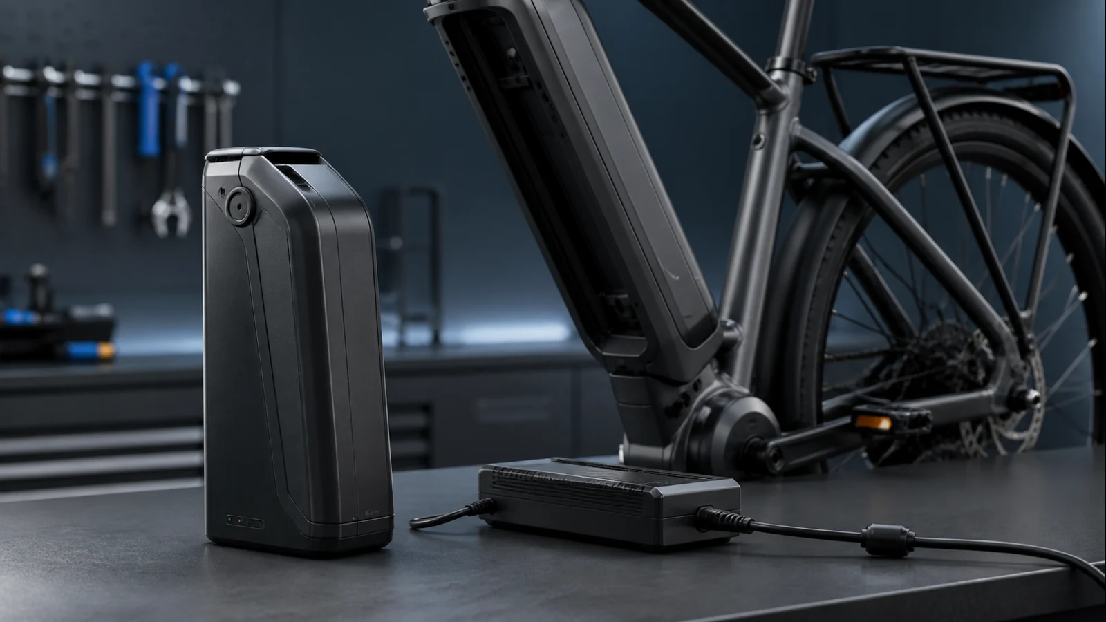 Mise en situation éditoriale d'un batterie vélo officielle dans son contexte d'usage professionnel