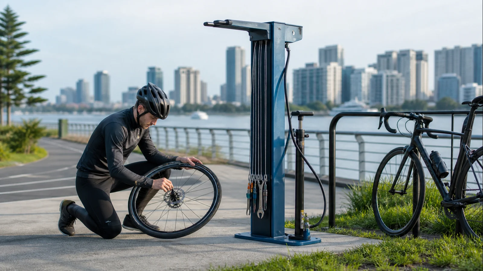 Mise en situation éditoriale d'un borne de réparation vélo dans son contexte d'usage professionnel