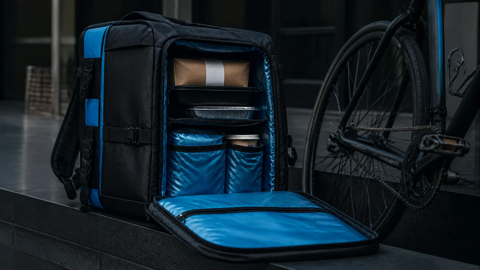 Mise en situation éditoriale d'un sac livreur isolé dans son contexte d'usage professionnel