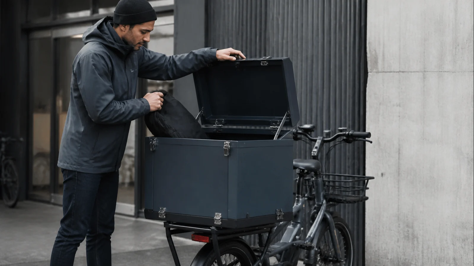 Mise en situation éditoriale d'un coffre vélo cargo dans son contexte d'usage professionnel