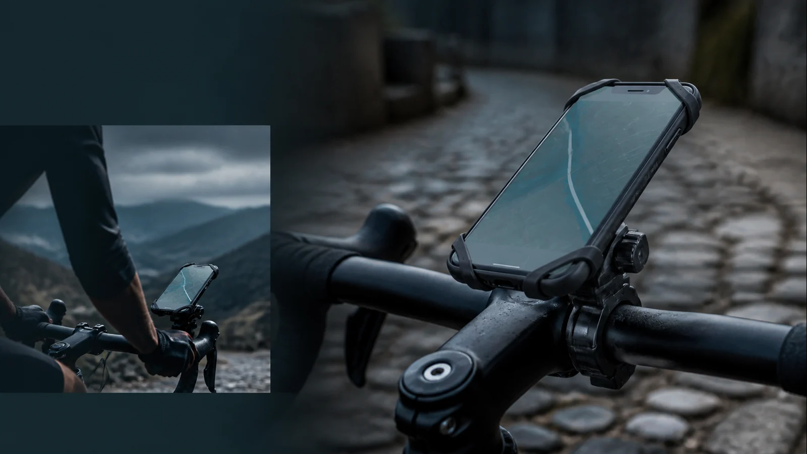 Mise en situation éditoriale d'un support téléphone vélo anti-vibration dans son contexte d'usage professionnel